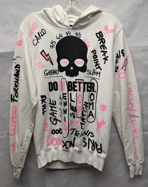 HYDROGEN Tennis Hoodie White Fuchsia Cotton Graffiti Mens Size S *Missing String